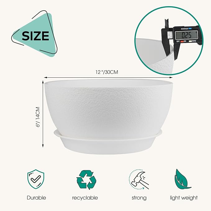 12 inch Plant Pots Pack of 2, Plastic Planter with Drainage Holes and Saucers, Plant pots for Indoor Outdoor Use, Flower Pots for All House Plants (White)