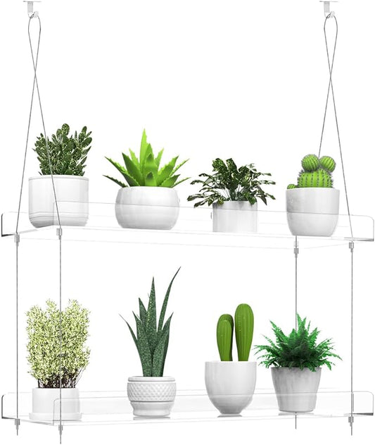 2-Tier Hanging Clear Plant Shelves for Windows, Acrylic Window Wall Plant Stand Shelf for Kitchen Indoor Gardens, Flower, Succulents, Herb, Seedling Organization, and Pots Display, 16 Inch per Tier