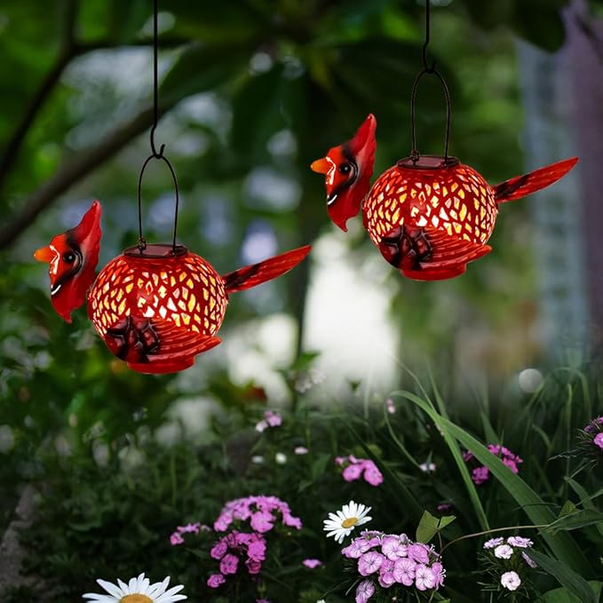 2 Pack Cardinal Solar Lanterns Outdoor Hanging with Handle, Metal Tabletop Solar Lanterns Outdoor Waterproof, LED Light Solar Lantern for Table Pathway Patio Yard Christmas Gifts
