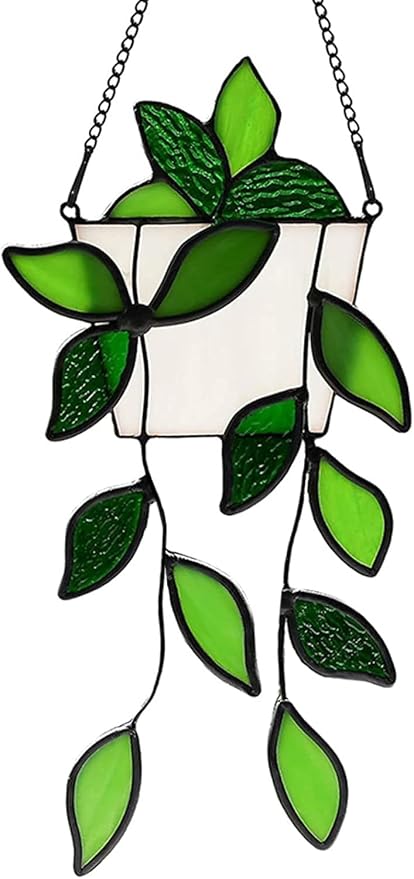 Stained Glass Window Hanging Green Plant Window Suncatcher Handcrafted Green Faux Plant Window Wall Glass Panel Decor for Plant Lovers,Unique Home Indoor&Outdoor Decor