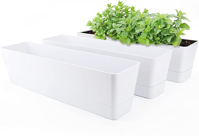 GREANER Window Boxes Planters, 3PCS 16x3.8 Inch Large Herb Planters with Tray, Indoor Succulent Cactus Flowers Vegetable Plastic Rectangle Pots for Balcony, Office, Garden, Outdoor, Windowsill (White)