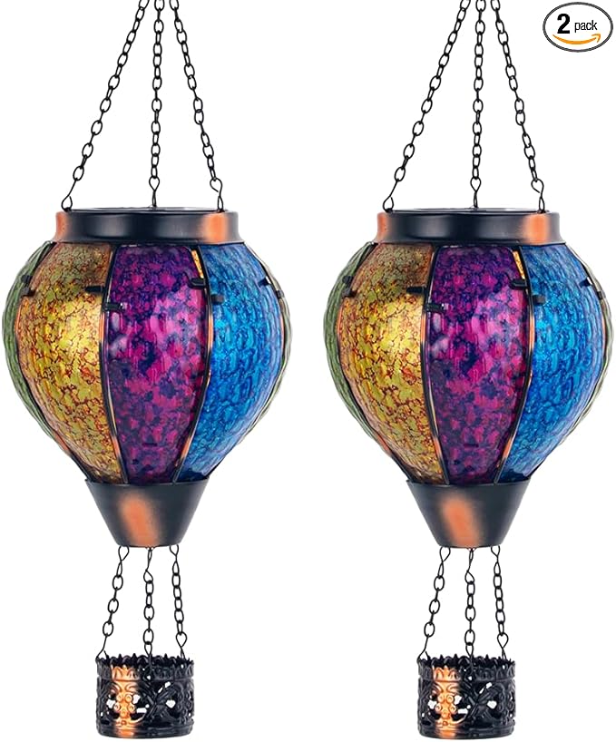 2PCS Solar Hot Air Balloon Lantern with Flame, Handmade Glass Hot Air Balloon Solar Lantern, Outdoor Lanterns Waterproof for Patio, Garden, Porch (Colorful)