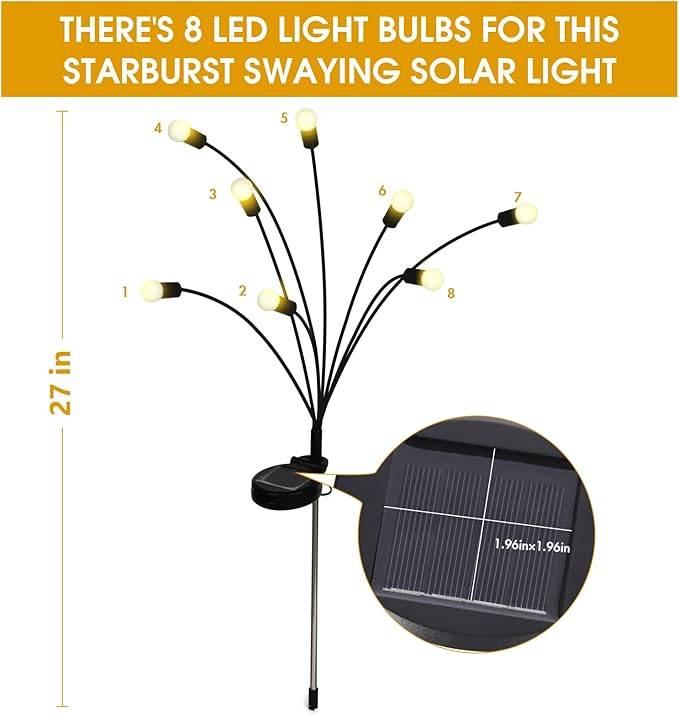 Solar Powered Firefly Lights Outdoor Waterproof 2-Pack, Swaying as Wind Blows, 8 LED Bulbs, Solar Garden Lights, Warm White, Outdoor Decorative Lights for Pathway Yard Patio Decorations
