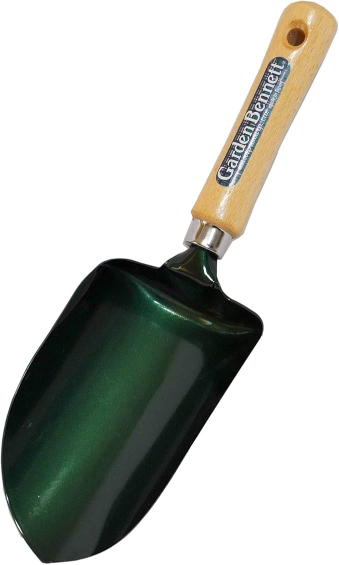 Garden Helper Soil Scoop Garden Tool, Large Loose Soil Scooper Tool for Transplanting and Gardening, Heavy Duty Japanese Steel Balde, Wood Handle, Made in Japan