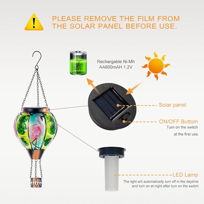 Starsoul Flamingo Hot Air Balloon Solar Lantern Solar Hot Air Balloon Flickering Flame Hanging Garden Light Metal & Glass Waterproof Lanterns for Yard Patio Farmhouse Decoration