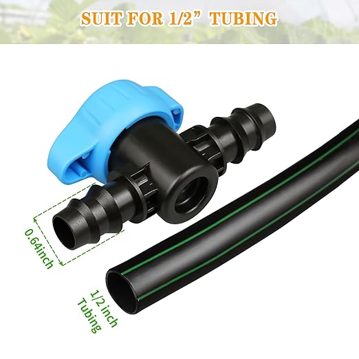 Drip Irrigation 1/2" Barbed Valve: 12 Pack in-Line Ball Shut Off Valve 16mm for 1/2 Inch and 5/8 Inch Irrigation Tubing (.570 to .620 ID) for Drip Line Tape System