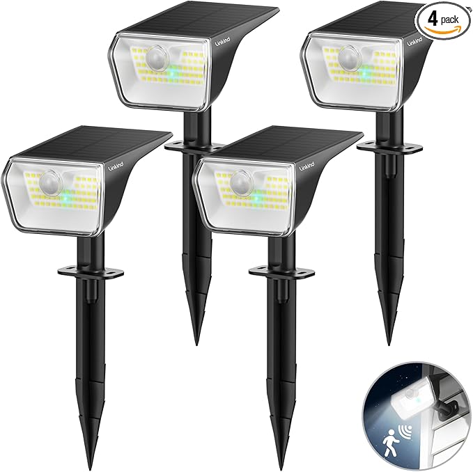 Linkind Solar Lights Outdoor Waterproof IP67, 3000K/6500K Solar Motion Sensor Lights with 6 Modes, 60 LEDs Solar Powered Spot Lights Outside Landscape Lighting for Garden Yard Pathway, 4 Pack