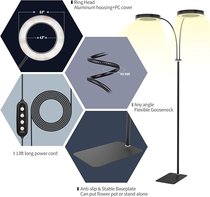 GLOWRIUM Indoor Grow Light, 40 Watt Full Spectrum LED Plant Growth Light with Stand, Adjustable Height with Timer 3/9/12 hrs, Black LED Plant Lamp