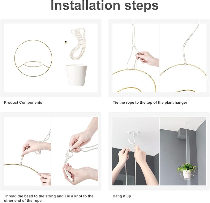 Mkono Boho Metal Hanging Planter with Plastic Pots, Set of 2 , Modern Mid Century Flower Pot Plant Holder in Diamond and Circle Shape, Fits 6 Inch , Gold