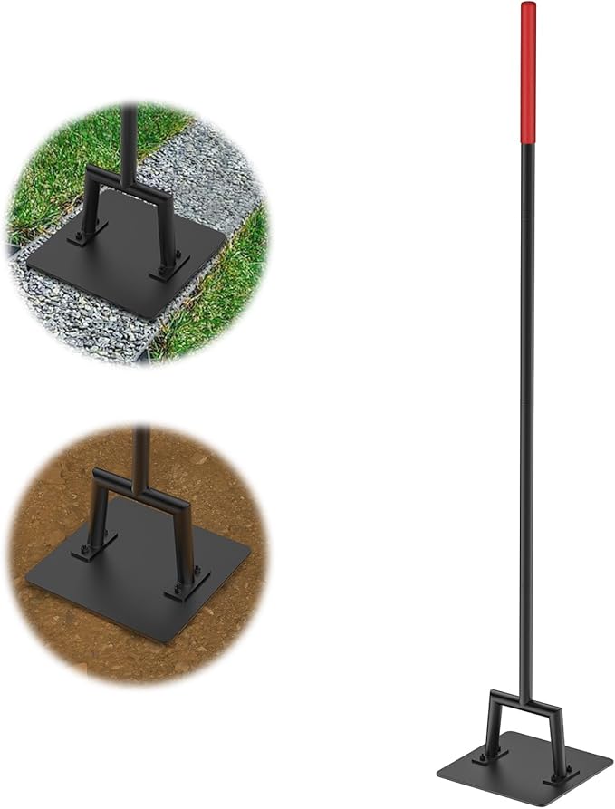 BreeRainz Steel Tamper Tool 10"x10" with 57 Inch Handle and 10 Inch Rubber Grip, Heavy Duty Gardening Hand Tools for Earth Soil Asphalt, Gravel and Dirt Compaction Levelling Paver Tool Trash Compactor