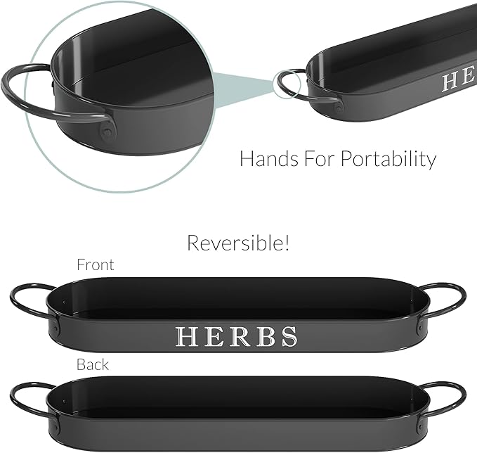 Barnyard Designs Indoor Herb Garden Planter Set with Tray, Metal Windowsill Plant Pots with Drainage for Outdoor or Indoor Plants, Set/3 (Black)