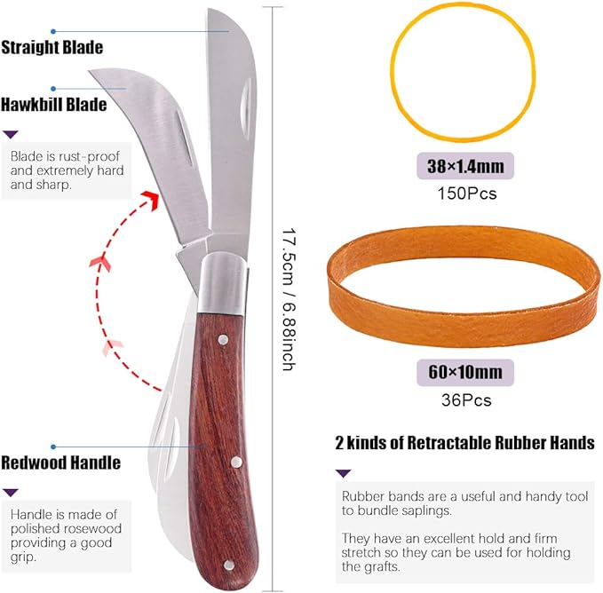 Swpeet 190Pcs 2-in-1 Garden Grafting Tools Kit, Including Garden Pruning Tools with 3 Extra Blades Grafting Tapes Rubber Bands Garden Gloves and Grafting Gardening Knife for Plant Branch Cutting