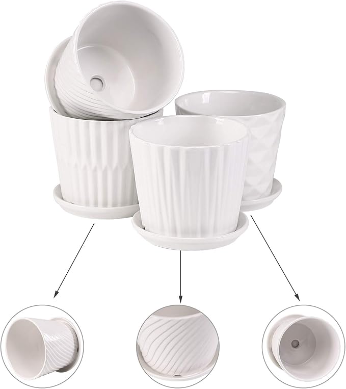 Plant Pots - 5.5 Inch Cylinder Ceramic Planters with Connected Saucer, Pots for Succuelnt and Little Snake Plants, Set of 4, White