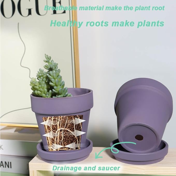 vensovo 4 Inch Small Purple Terracotta Plant Pots with Saucer - 6 Pack Clay Flowerpots with Drainage, Great for Indoor Outdoor Plants, Crafts, Wedding Favor