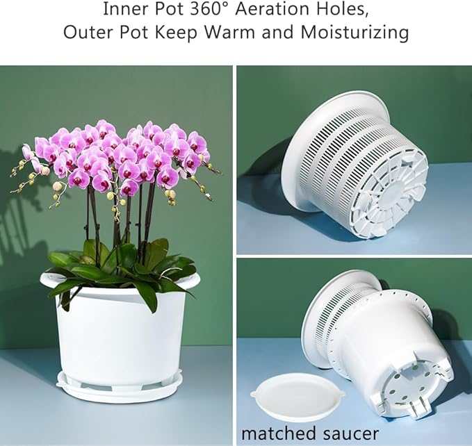 8 Inch Orchid Pots with Holes and Saucers,Double Layer Plastic Large Orchid Planter Pot,Flower Pots for Indoor Outdoor Flower Plants,Orchids,Herbs,Snake Plants and Succulents
