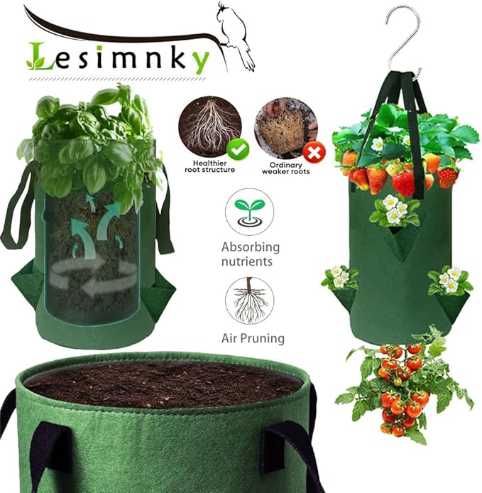 4Pack Upside Down Strawberry Planter, 3 Gallon Hanging Grow Bags for Tomato Vegetables 6 Planting Holes with 6Hooks,Upside Down Strawberry Plant Hanger Vegetable Planting Bags for House (Dark Green)
