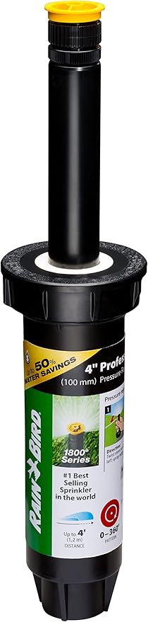 Rain Bird 1804AP4PRS Pressure Regulating (PRS) Professional Pop-Up Sprinkler, Adjustable 0 - 360° Pattern, 3' - 4' Spray Distance, 4" Pop-up Height, Black