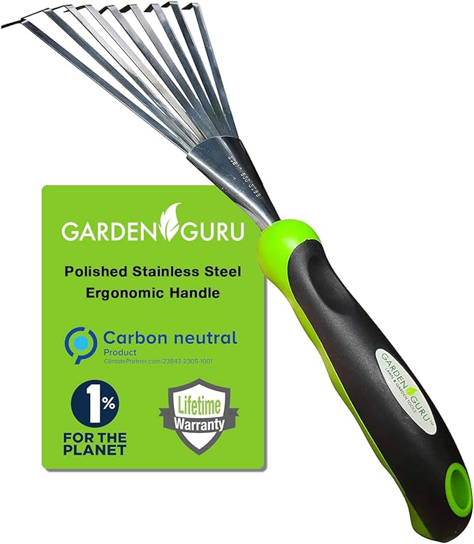 Garden Guru Stainless Steel Hand Rake Soil Tiller with Ergonomic Handle, Great for Gardening, Cultivating, Loosening Soil & Spreading Mulch