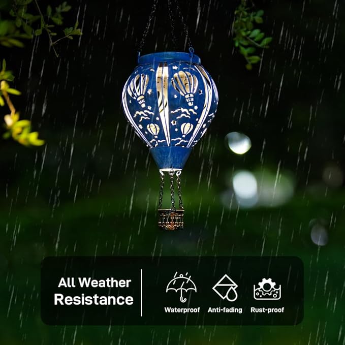 Hot Air Balloon Solar Lantern, Hollow Out Solar Powered Hot Air Balloon Lantern Outdoor Waterproof, Blue Metal Hanging Hots Airs Balloons Solars Light for Outdoor Patio Garden Decor