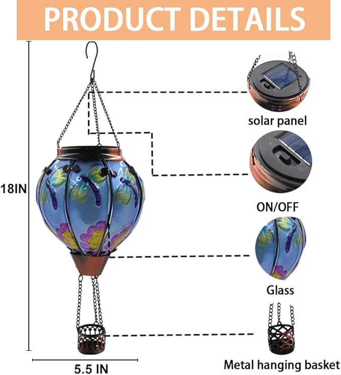 2PC Hot Air Balloon Solar Lantern with 2PC Shepherd Hook, Flickering Flame Hanging Solar Lanterns Outdoor Lights Waterproof Lanterns Decorative Garden Patio Yard Party Decor (Dragonfly)