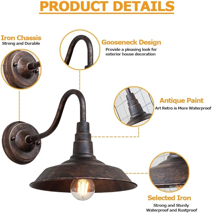 Outdoor Wall Light, 9.8" Iron Art Gooseneck Wall Lanterns, E26 Retro Barn Lights, Indoor and Outdoor Wall Mounted Lighting Waterproof Wall Sconce Light, for Porch, Garage