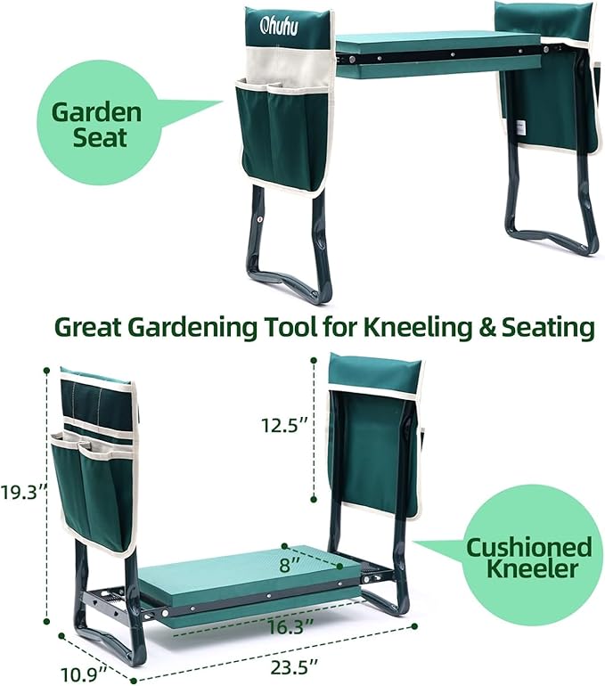 Ohuhu Garden Kneeler and Seat Heavy Duty, Upgraded Gardening Stool with Thicker and Wider EVA Foam Kneeling Pad Foldable Garden Bench with 2 Large Tools Pouches, Gifts for Women Men Seniors Gardener