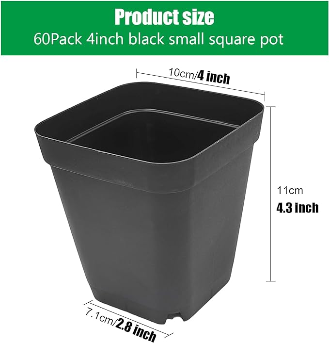Square Nursery pots 4 Inches 60Pcs, Seedling Plastic Seeds propogation Growing Pots (Black,4Inches,60Pcs)