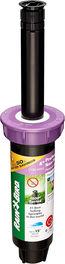 Rain Bird 1804NPPRS Pressure Regulating (PRS) Professional Non-Potable Water Pop-Up Sprinkler, Adjustable 0° to 360° Pattern, 8' - 15' Spray Distance, 4" Pop-up Height, Purple Cap
