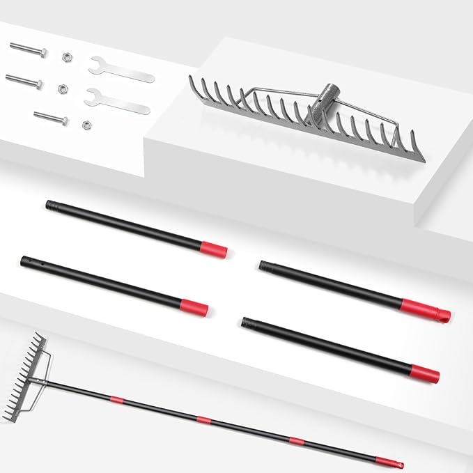 17 Tines Garden Rake Heavy Duty Bow Rake with Adjustable Handle Metal Rake for Gardening Farming