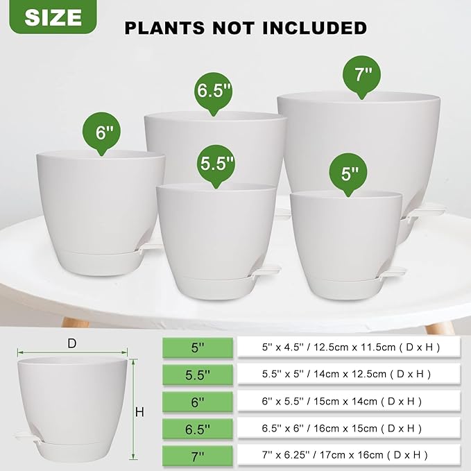 Plant Pots, 7/6.5/6/5.5/5 Inch Self Watering Planters, Pots for Indoor Plants with Drainage Hole for Succulents, African Violet (Matte White)