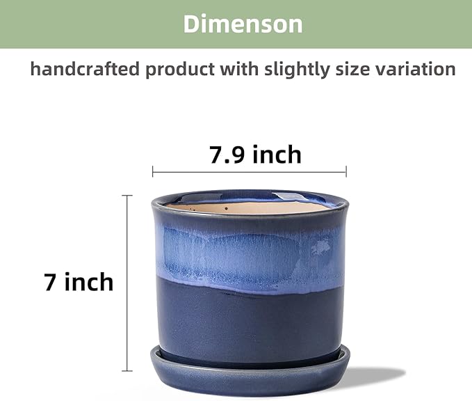 8 Inch Plant Pot: Ceramic Planter with Drainage Hole & Saucer for Indoor Outdoor Plants - Flowerpot with Bonded Tray for Home Office - Blue Reactive Glaze
