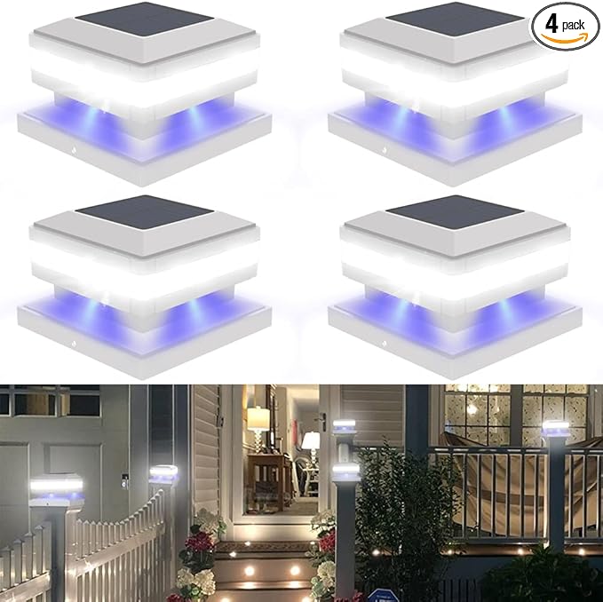 Sumaote Solar Post Cap Light, 52 LED 160LM 6x6 Solar Post Lights, IP65 Waterproof Outdoor for 4x4 5x5 6x6 Wooden Posts, 6000K White SMD Lighting for Deck Fence Garden Porch, White Shell, 4 Pack