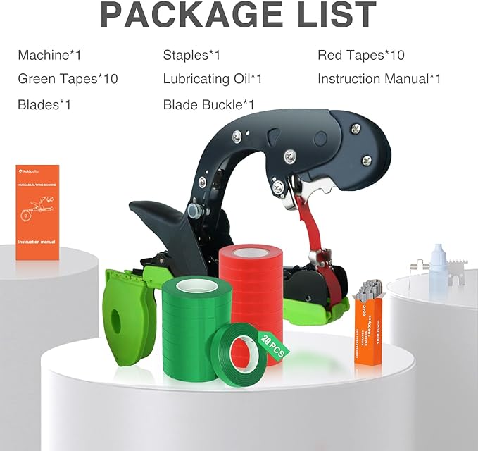 Upgraded Plant Tying Machine Tie Up Vine Tomatoes and Grapes Quickly Plant Tying Tape Tool for Gardeners Farmers Plant Tie Tapener Gun with SK5 Blade Replacement Green Tapes and Staples