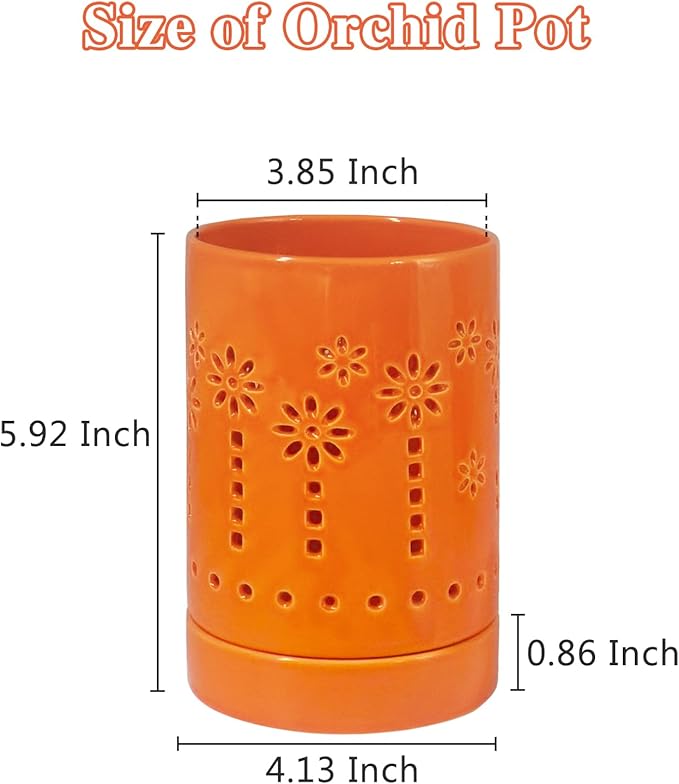 4 Inch Orchid Pot, Ceramic Orchid Pot for Repotting With Saucers, Orchid Pots With Holes More Ventilation hole Easy breathing, Plant Pot for Repotting Orchids and Other Flowers - Indoor/Outdoor Orange