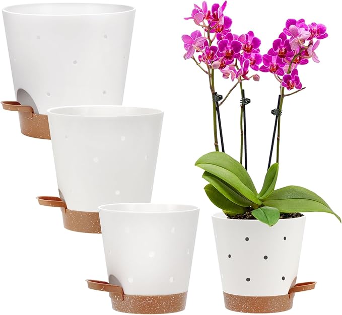 JGB Self Watering Orchid Pots - Each of 5, 6, 7 and 8 inch -4 Pack Orchid Pots with Holes and Plastic Breathable Orchid Planters for Repotting - White
