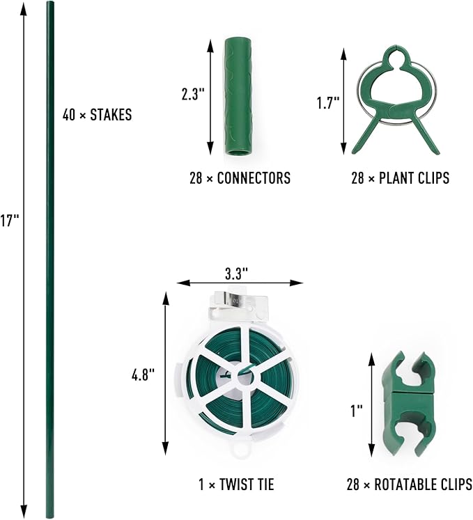MAXPACE 125pcs Garden Stakes Kit: Includes 40 Sets of Fiberglass Plant Sticks Supports & Accessories for DIY 4ft, 5ft, 6ft, 7ft Stakes for Tomato, Vegetables, Indoor & Outdoor Gardening Supplies