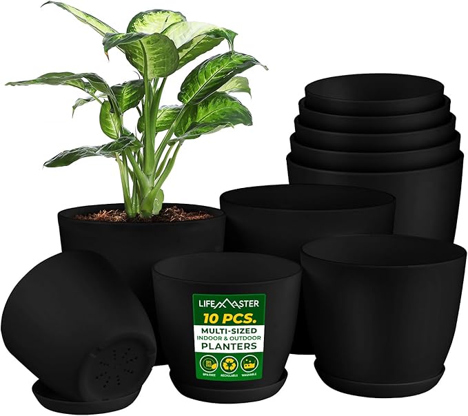 Plant Pots with Multi Drainage Holes - 10 Pieces Versatile, Sturdy Plastic, Stackable Design Home Decor Flower Pots for Indoor and Outdoor Gardening - Black
