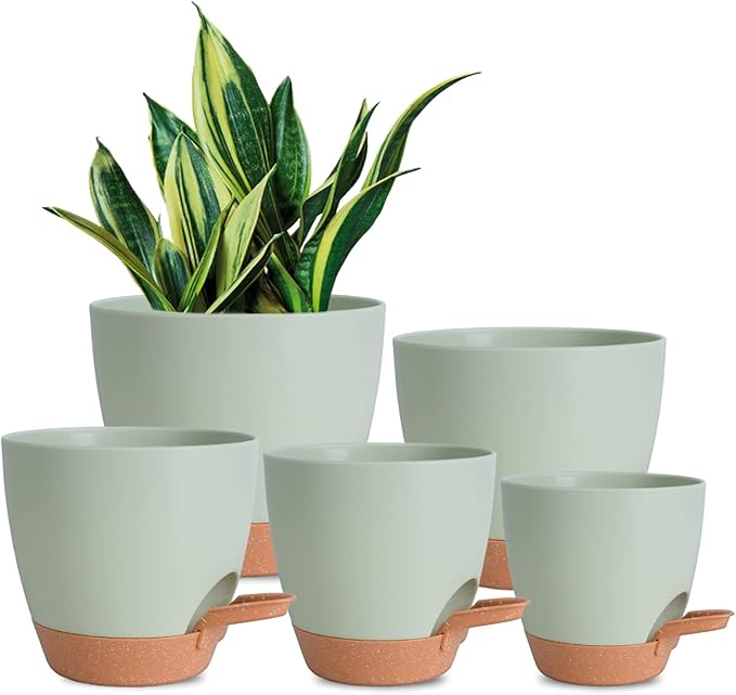 Plant Pots Indoor 7/6.5/6/5.5/5 Inch Self Watering Planters for Indoor Plants with Drainage Hole, Plastic Flower Pots for Succulents, African Violet (Green)