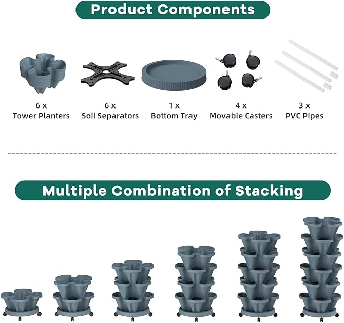 Strawberry Vertical Planters Tower Garden, 6 Tiered Stacking Planter with Support Pole, Stackable Herb Vegetable Planters Indoor and Outdoor - Dark Grey