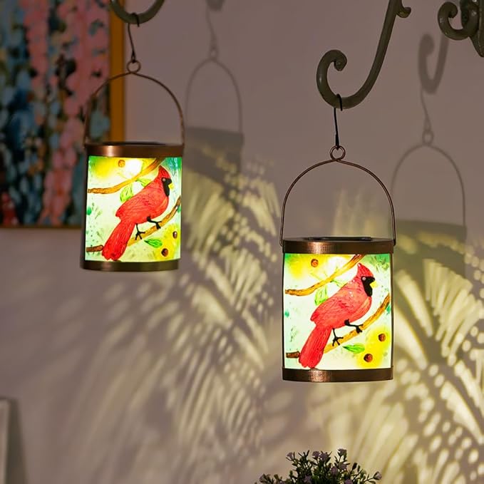 Starsoul 2 Pack Hanging Solar Lantern Outdoor Waterproof Glass Red Cardinal Decorative Solar Lights for Outside Garden Yard Table Patio Decor Cardinal Gifts