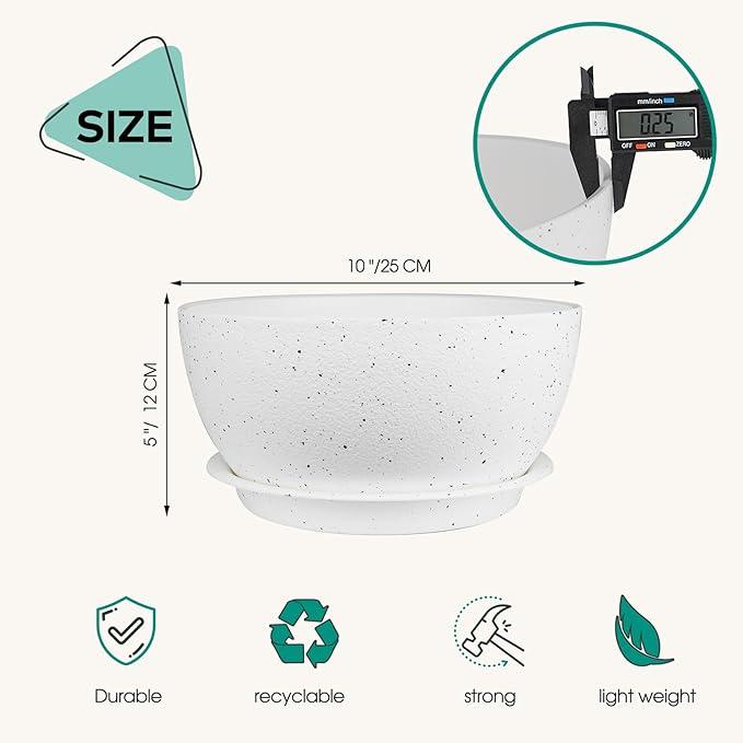 10 inch Plant Pots Pack of 2, Plastic Planter with Drainage Holes and Saucers, Plant pots for Indoor Outdoor Use, Flower Pots for All House Plants (Speckled White)