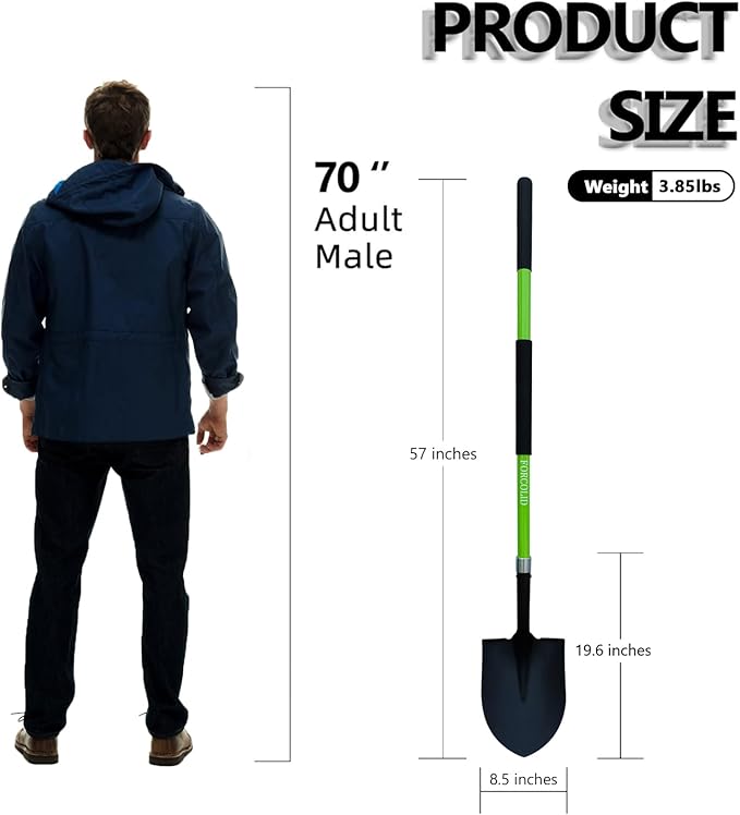 Shovel for Digging, Heavy Duty Shovel for Digging, 57 Inch Straight Handled Round Shovel with Non-Slip Tail Cover, Lawn and Yard Tools, Fiberglass Handle(Green)