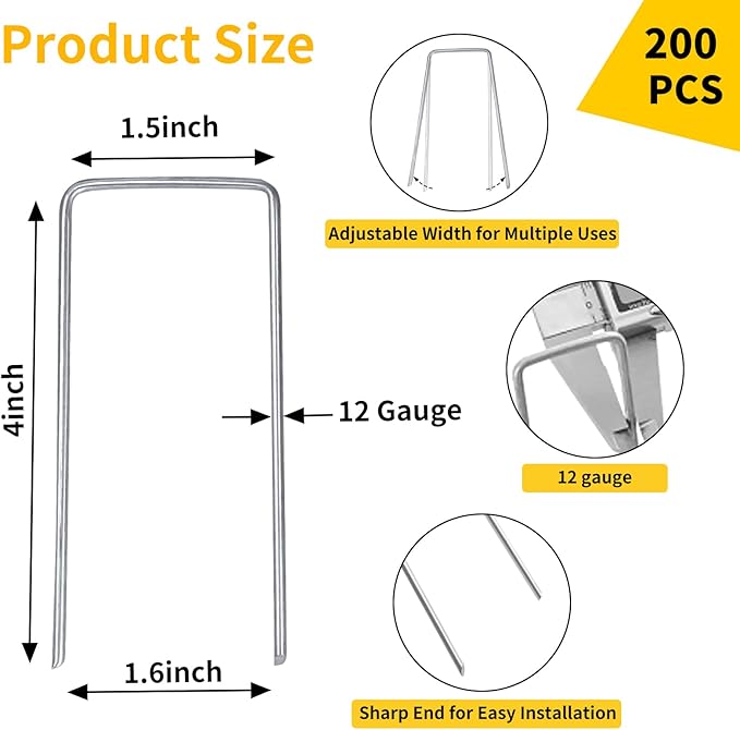 CEWOR 200 Pack Landscape Staples 4 Inches, Galvanized Metal Garden Stakes Landscaping Landscape Fabric Staples Sod Pins for Lawn, Barrier Fabric, Garden Fence, Ground Cover