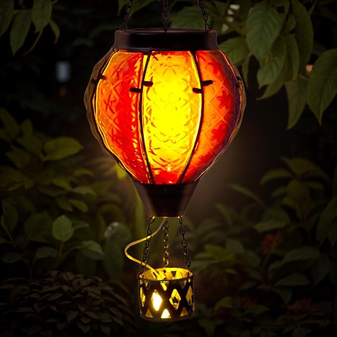 2PCS Hot Air Balloon Solar Lantern with Flame Flickering Light LED Glass Hanging Solar Lanterns Outdoor Waterproof Hot Air Balloon Decoration Outdoor Light for Patio Tree Yard Garden Decor