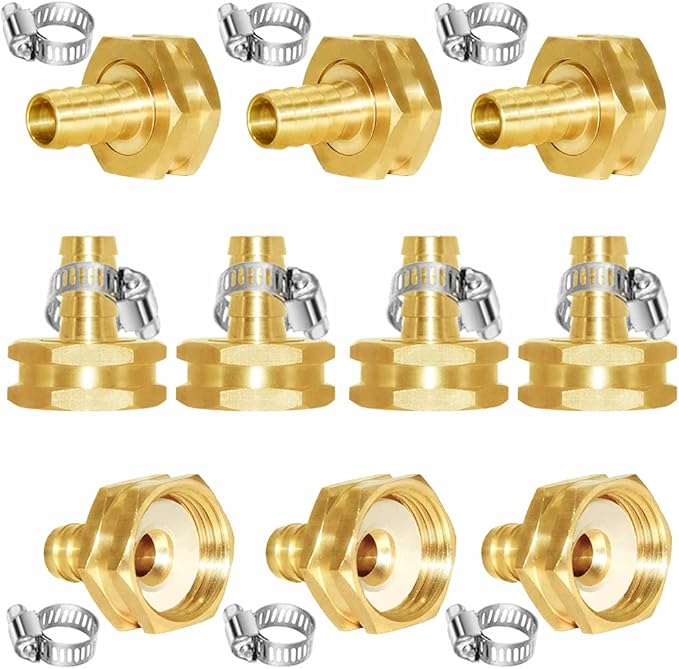 Joywayus 10pcs 1/2" Barb x 3/4" Female GHT Thread Swivel Hex Brass Garden Water Hose Pipe Connector Copper Fitting with Stainless Clamp House/Boat/Lawn/Power Wash/Irrigation