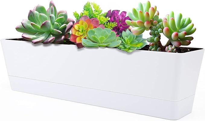 GREANER Large Window Boxes Planters, 1PCS 16x3.8 Inch White Vegetable Herb Planters with Tray, Indoor Succulent Cactus Flowers Plastic Rectangle Pot for Balcony, Office, Garden, Outdoor, Windowsill