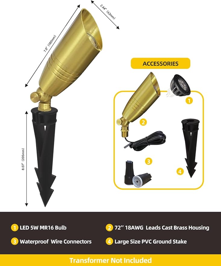 COLOER Die-cast Brass Landscape Spotlight 1-Pack with 5W Aluminum Housing LED MR16 Bulb,12V AC/DC Low Voltage Copper Outdoor Lighting, Directional Garden Patio Spot Up Light (102B Brass Finish)
