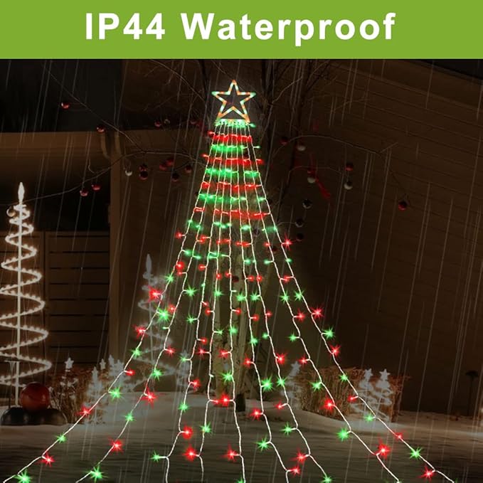 Christmas Decorations Star String Lights, 320 LED Waterfall Tree Lights with 13" Topper Star 8 Lighting Modes Indoor Outdoor Decorative for New Year, Holiday, Wedding, Party