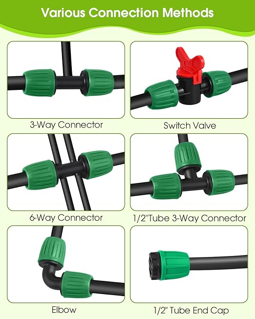 18 Pcs Drip Irrigation Fittings Kit for 1/2'' Tubing 1/2 Inch Drip Line Anti Drop Barbed Locking Nut Connector with 4 Tees 4 Couplings 3 Reducing Tee 3 Switch Valves 2 Elbows 2 Plugs (Green)