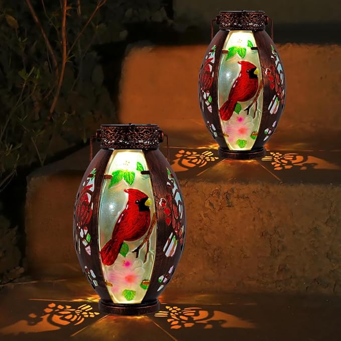 Starsoul 2 PC Cardinal Outdoor Solar Lantern Cardinal Solar Light Waterproof Tabletop Lamp with Hollowed-Out Design for Yard Patio Garden Pathway